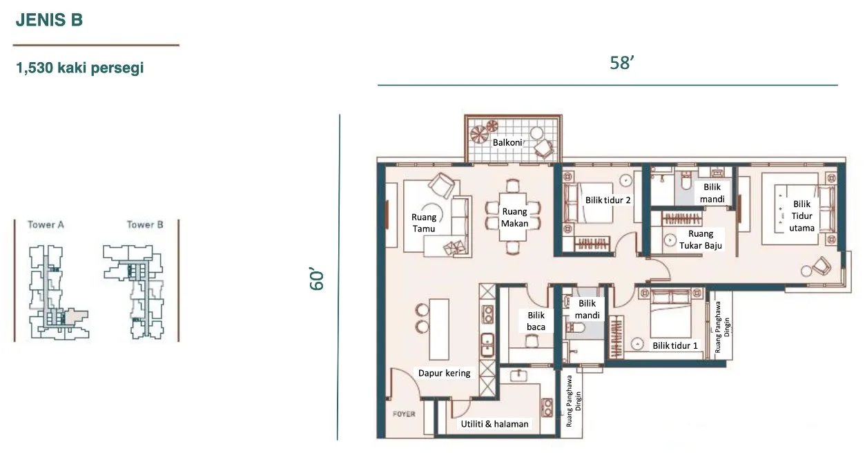 Muze @ PICC Type B floor plan — 1,530 sq ft, three bedrooms plus a study, two bathrooms, Bayan Lepas, Penang