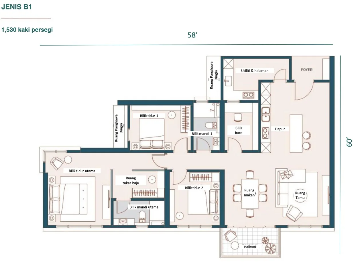 Muze @ PICC Type B1 floor plan — 1,530 sq ft, three bedrooms plus a study, two bathrooms, Bayan Lepas, Penang