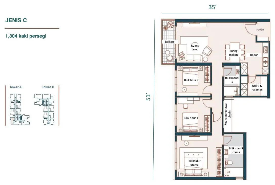Muze @ PICC Type C floor plan — 1,304 sq ft, three bedrooms, two bathrooms, Bayan Lepas, Penang