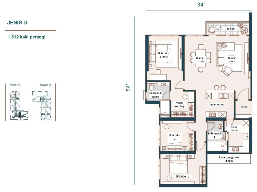 Muze @ PICC Type D floor plan — 1,512 sq ft, three bedrooms, two bathrooms, with separate dry and wet kitchens, Bayan Lepas, Penang