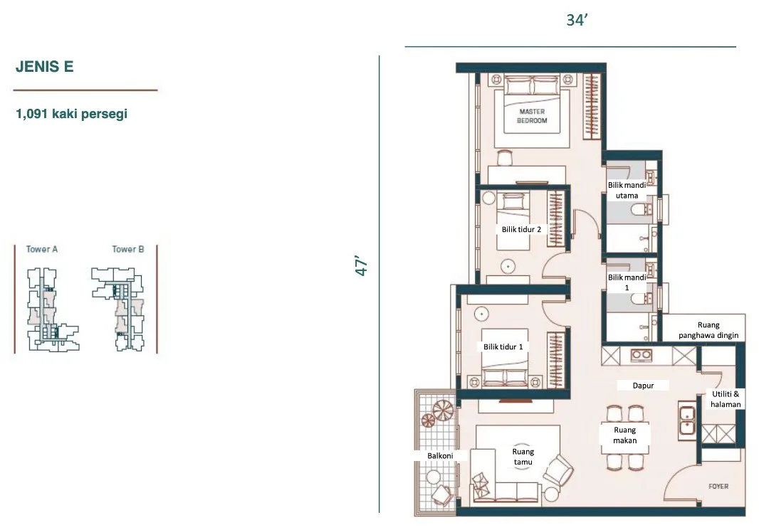 Muze @ PICC Type E floor plan — 1,091 sq ft, three bedrooms, two bathrooms, Bayan Lepas, Penang