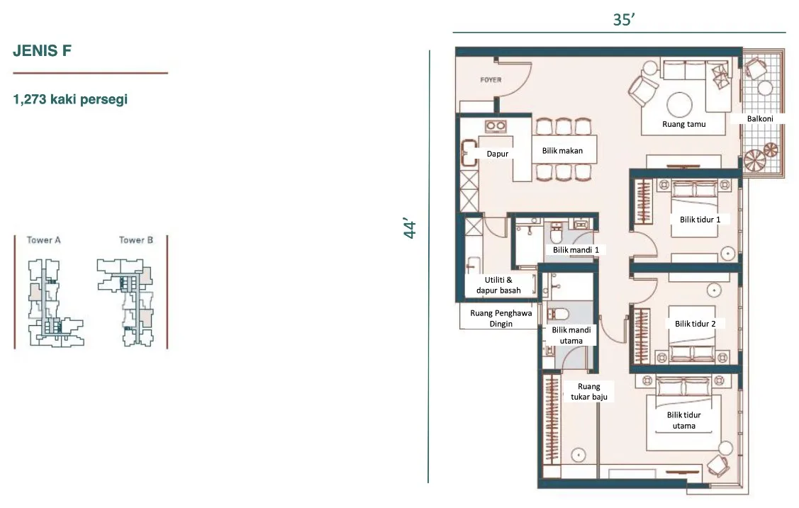 Muze @ PICC Type F floor plan — 1,273 sq ft, three bedrooms, two bathrooms, Bayan Lepas, Penang