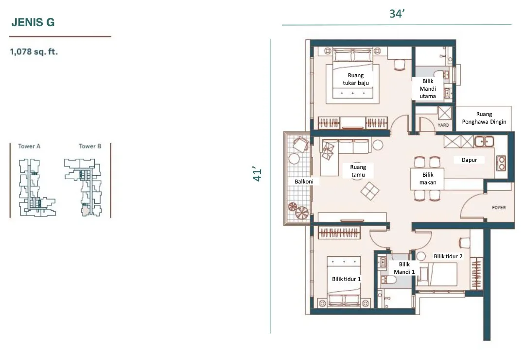 Muze @ PICC Type G floor plan — 1,078 sq ft, three bedrooms, two bathrooms, Bayan Lepas, Penang