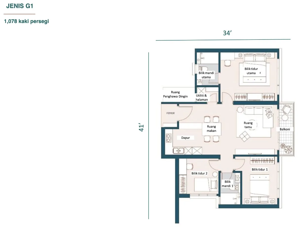 Muze @ PICC Type G1 floor plan — 1,078 sq ft, three bedrooms, two bathrooms, Bayan Lepas, Penang