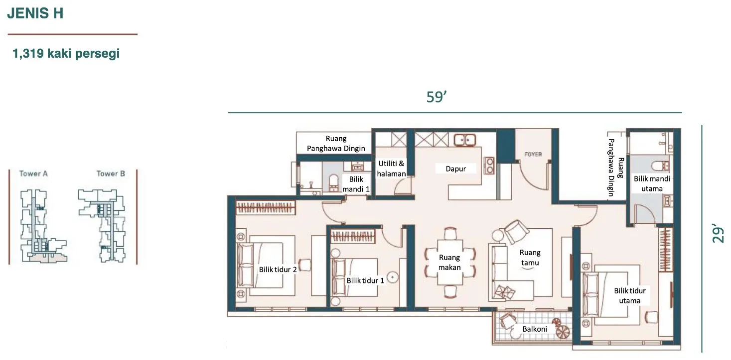 Muze @ PICC Type H floor plan — 1,319 sq ft, three bedrooms, two bathrooms, Bayan Lepas, Penang