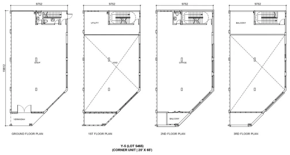 Nanyang Street Block Y corner unit floor plans, ground to third floor, about 32 ft by 65 ft, developer's marketing artwork, Raja Uda, Butterworth, Penang