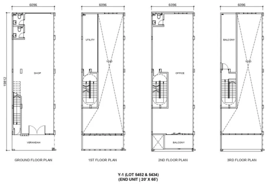 Nanyang Street Block Y end unit floor plans, ground to third floor, lot 20 ft by 65 ft, developer's marketing artwork, Raja Uda, Butterworth, Penang