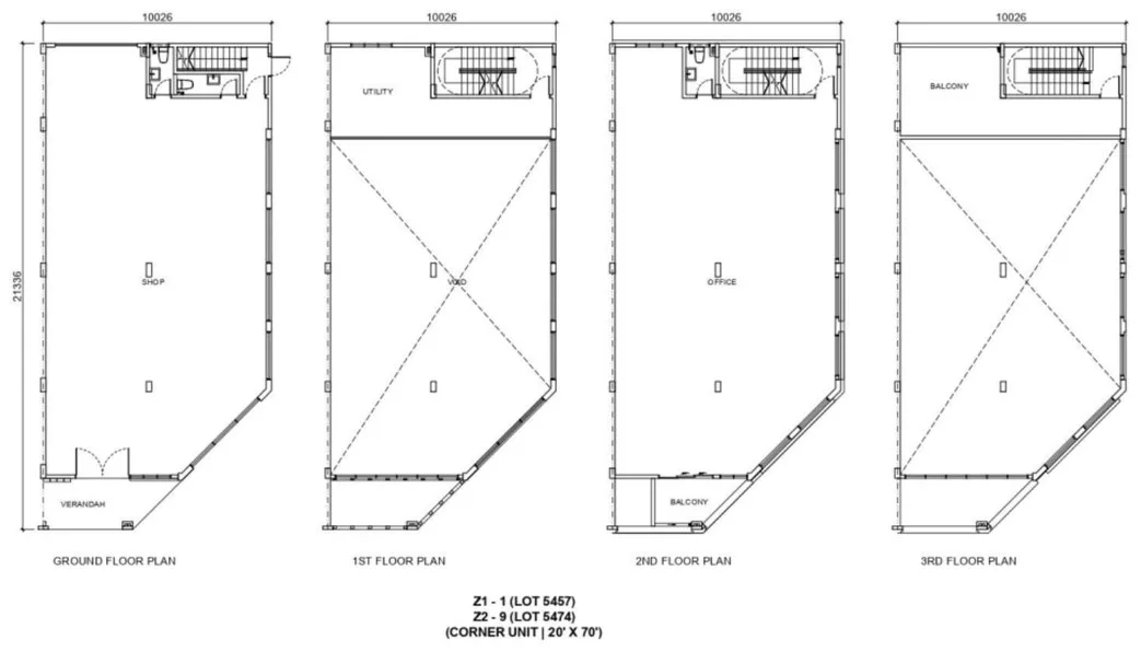 Nanyang Street Blocks Z1–Z2 corner unit floor plans, ground to third floor, about 32.9 ft by 70 ft, developer's marketing artwork, Raja Uda, Butterworth, Penang
