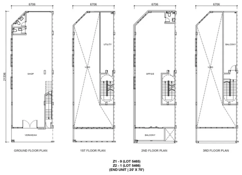 Nanyang Street Blocks Z1–Z2 end unit floor plans, ground to third floor, about 22 ft by 70 ft, developer's marketing artwork, Raja Uda, Butterworth, Penang