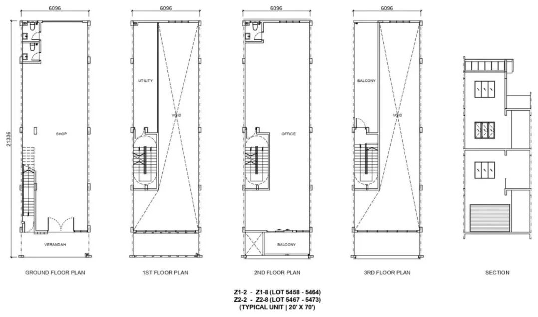 Nanyang Street Blocks Z1–Z2 typical unit floor plans, ground to third floor with a section, lot 20 ft by 70 ft, developer's marketing artwork, Raja Uda, Butterworth, Penang