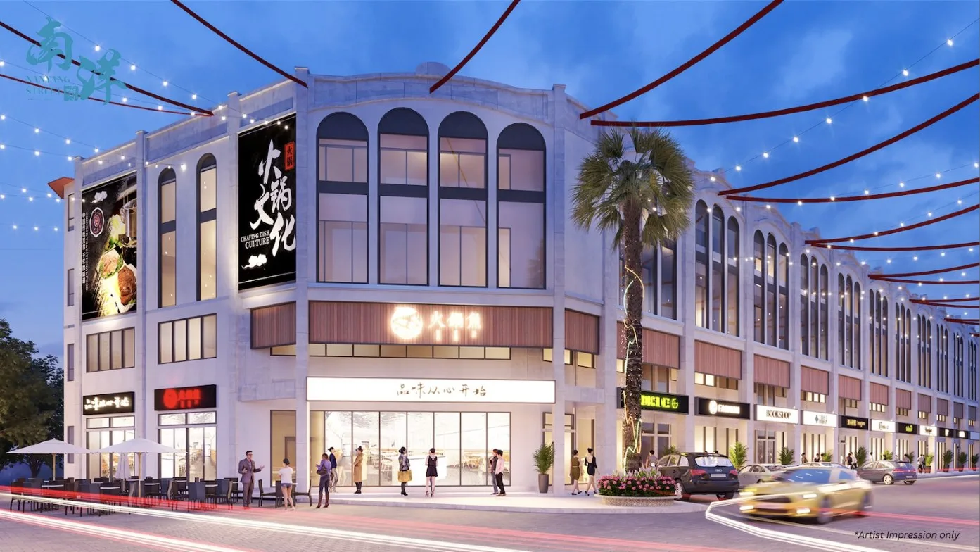 Nanyang Street corner block of shop offices with tall arched windows at dusk, artist's impression, Raja Uda, Butterworth, Penang