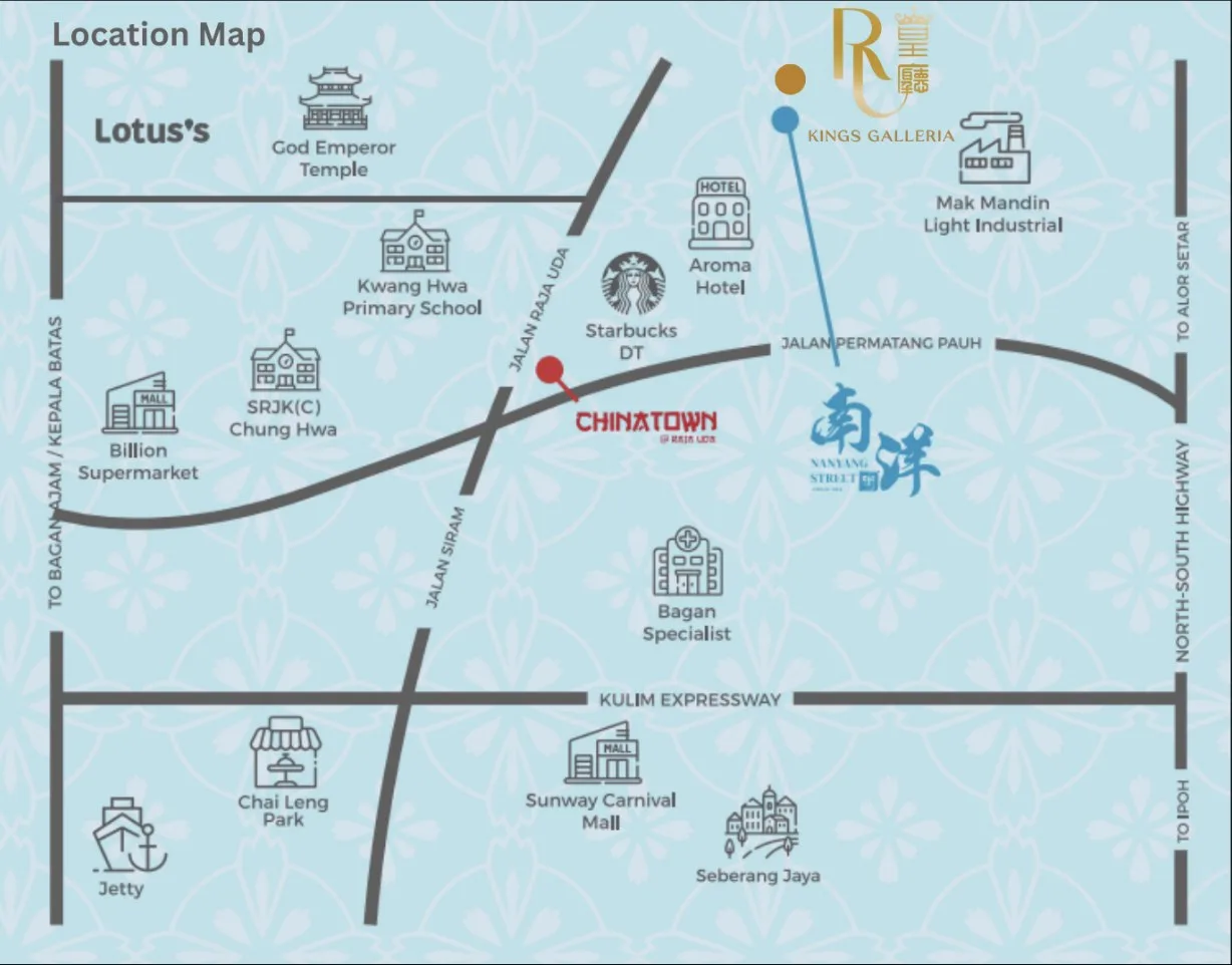 Nanyang Street location map with Jalan Raja Uda, Jalan Permatang Pauh, the Kulim Expressway and nearby landmarks, Butterworth, Penang