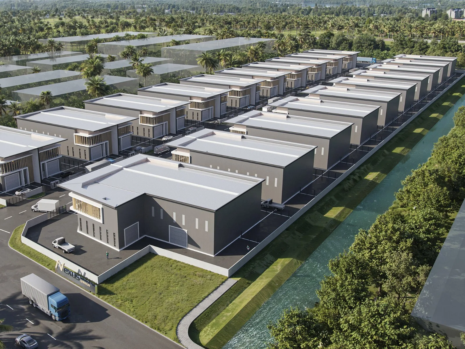 Nexus Industrial Hub aerial view of the two rows of semi-detached units beside the river, artist's impression, Jawi, Nibong Tebal, Penang