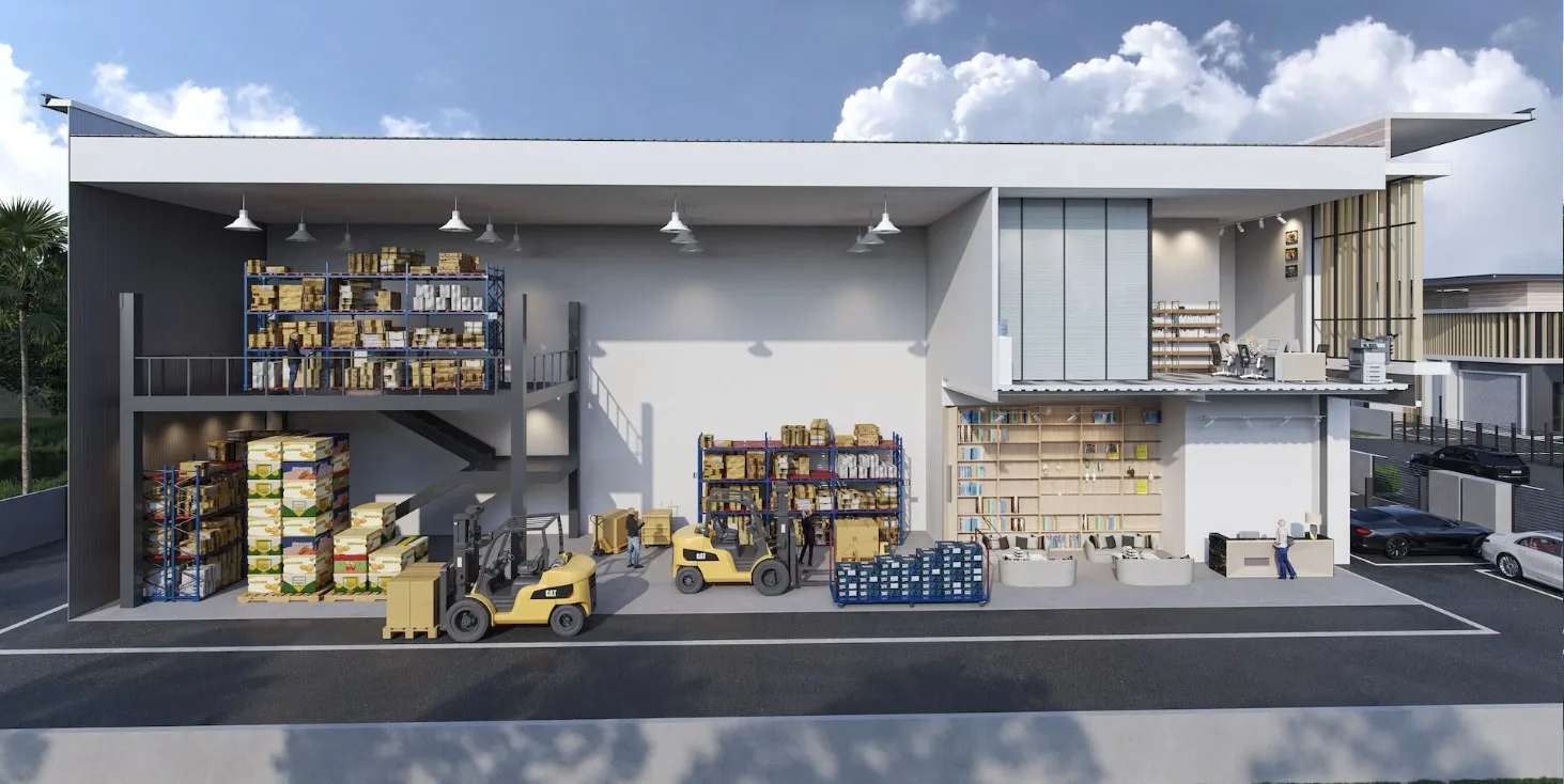 Nexus Industrial Hub cut-away view showing the warehouse floor and the first-floor office, artist's impression, Jawi, Nibong Tebal, Penang