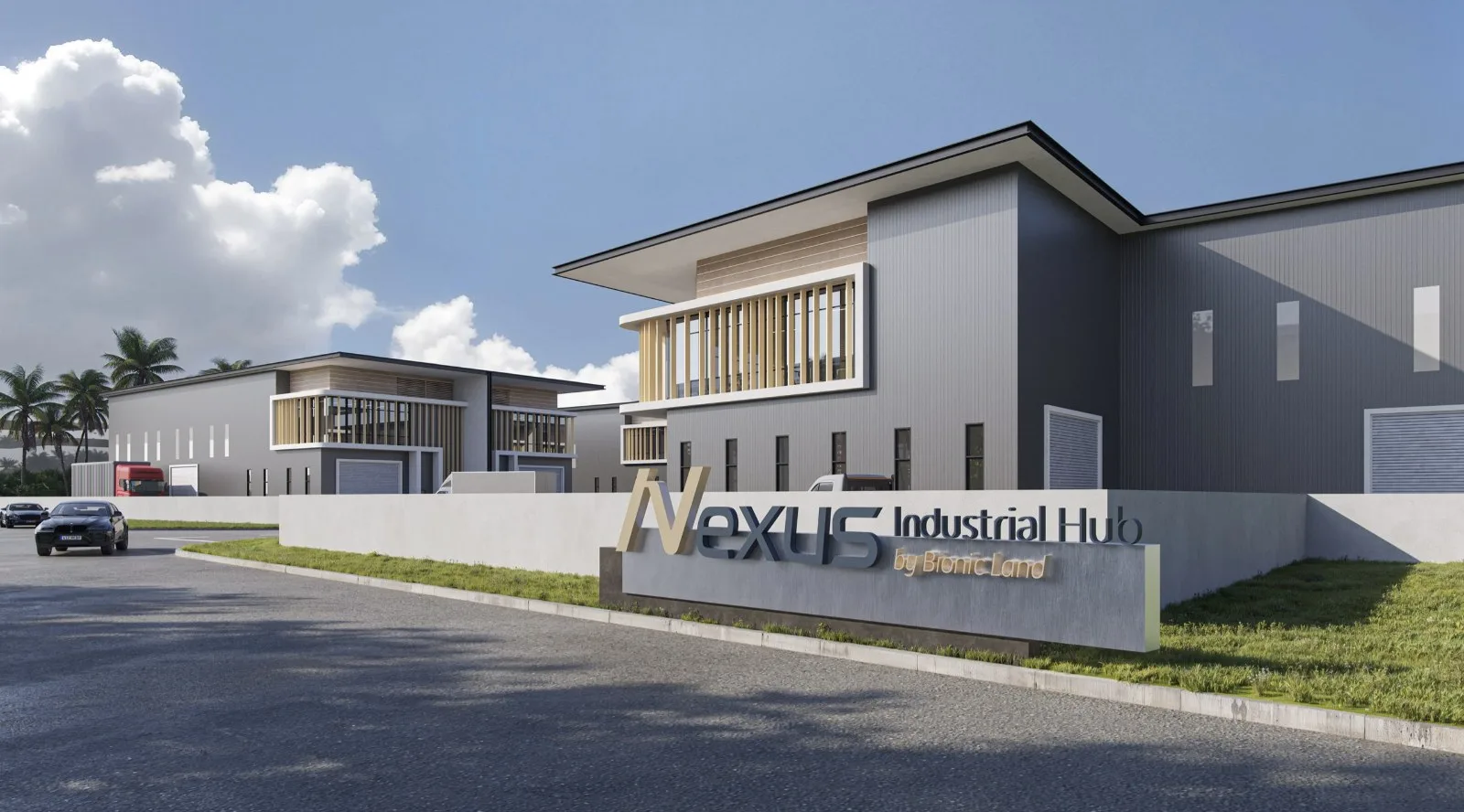 Nexus Industrial Hub entrance sign and corner unit, artist's impression, Jawi, Nibong Tebal, Penang