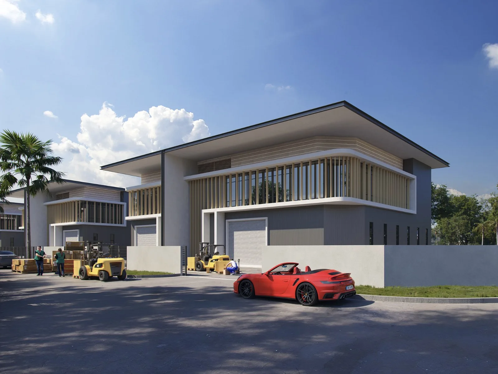 Nexus Industrial Hub two-storey units with roller-shutter loading doors and forklifts, artist's impression, Jawi, Nibong Tebal, Penang