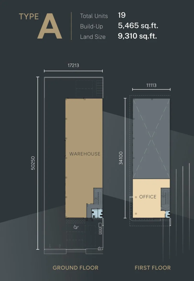 Nexus Industrial Hub Type A layout plan, ground floor warehouse and first floor office, developer's marketing artwork