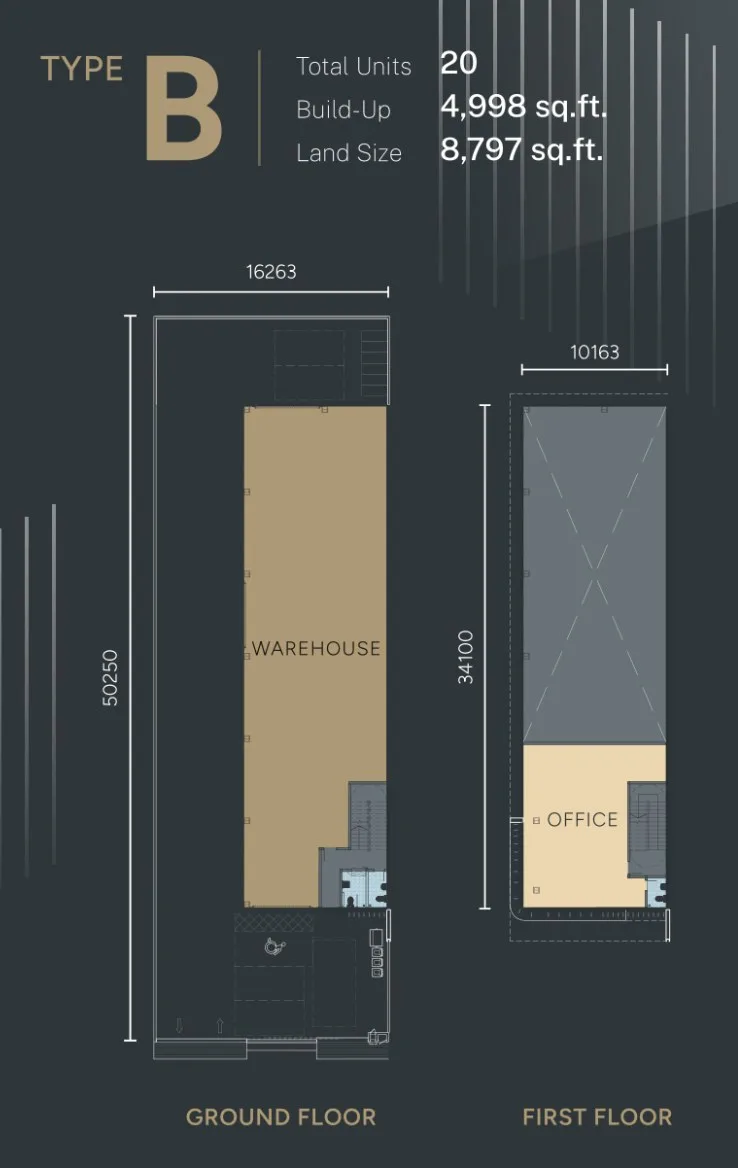Nexus Industrial Hub Type B layout plan, ground floor warehouse and first floor office, developer's marketing artwork