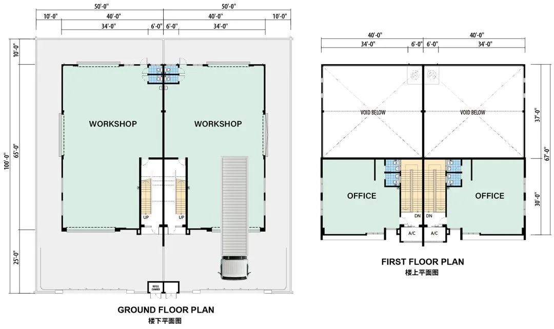 Ground and first floor plans of a pair of 1.5-storey semi-detached factories at Nexus Industry Hub, Gopeng, Perak