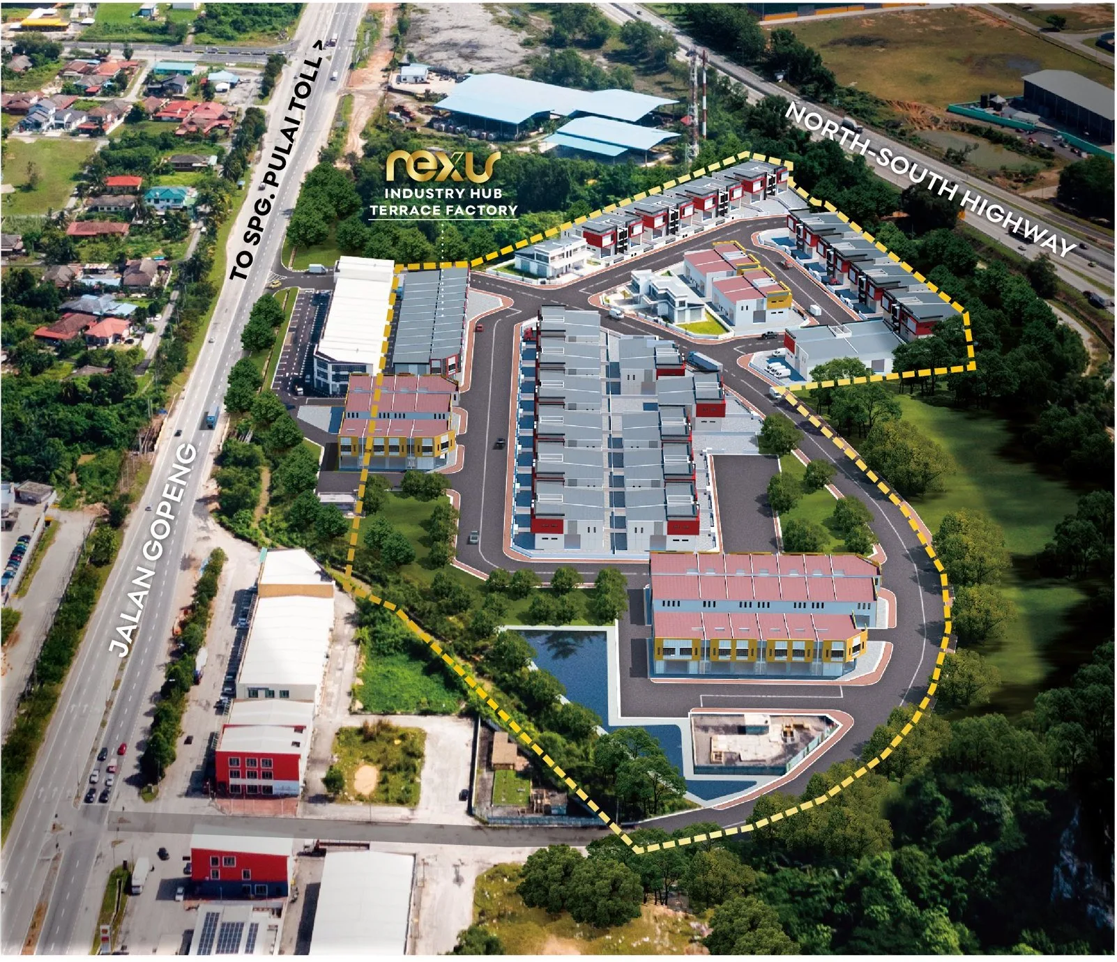 Artist's impression over an aerial photo of Nexus Industry Hub beside Jalan Gopeng and the North-South Expressway, Gopeng, Perak