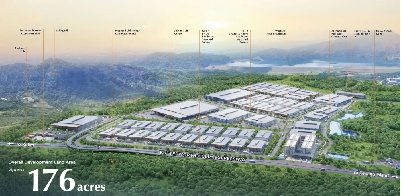 Northern TechValley @ BKE 176 英亩园区总体规划效果图，标示各组成部分，槟城大山脚