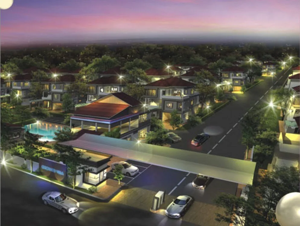 Orchard Villa aerial artist's impression at dusk showing the guarded entrance, the clubhouse with its pool and rows of detached houses, Simpang Ampat, Penang