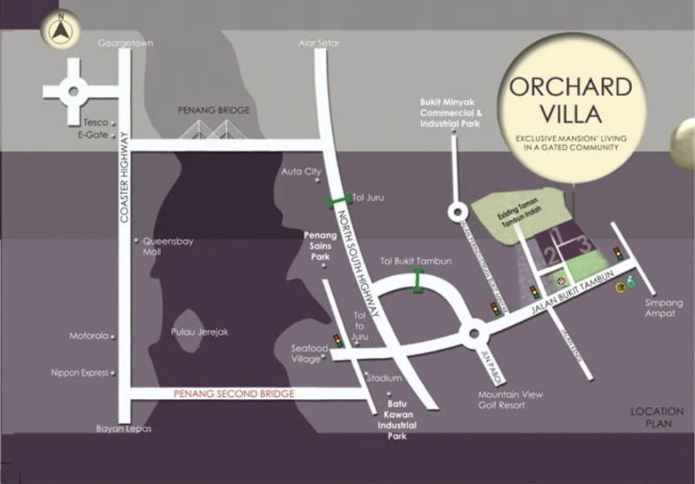 Orchard Villa location plan showing the estate off Jalan Bukit Tambun between the Bukit Tambun toll and Simpang Ampat, with the two Penang bridges, Simpang Ampat, Penang