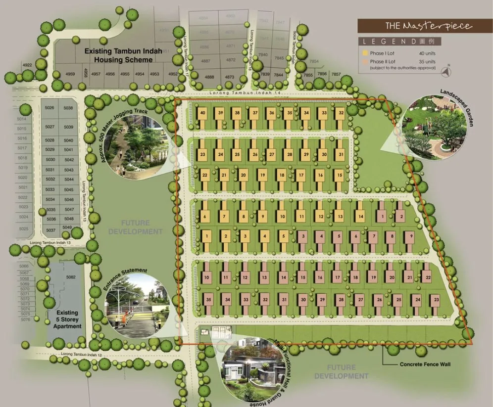 Orchard Villa site plan showing the Phase 1 and Phase 2 lots, the multi-functional hall and guard house, the landscaped garden and a jogging track of about 500 metres, Simpang Ampat, Penang