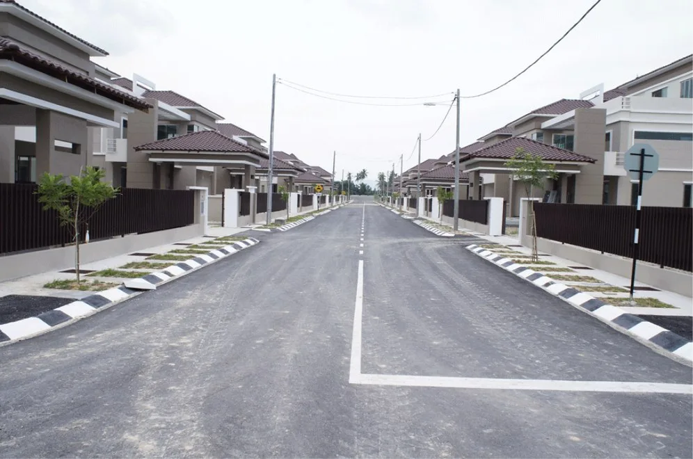 Orchard Villa estate road lined with detached houses, photographed by the developer in 2013, Simpang Ampat, Penang