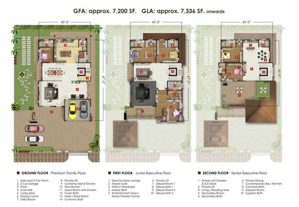 Orchard Villa three-storey detached house floor plans for the ground, first and second floors — gross floor area about 7,200 sq ft, Simpang Ampat, Penang