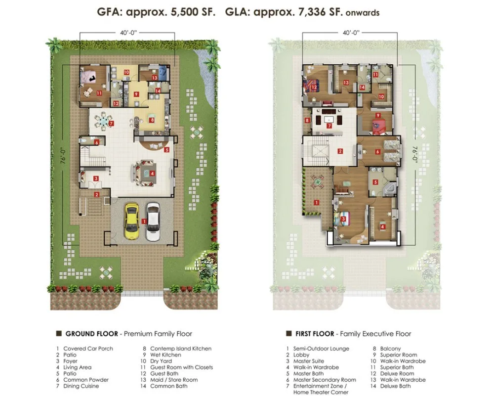 Orchard Villa two-storey detached house floor plans for the ground and first floors — gross floor area about 5,500 sq ft, Simpang Ampat, Penang