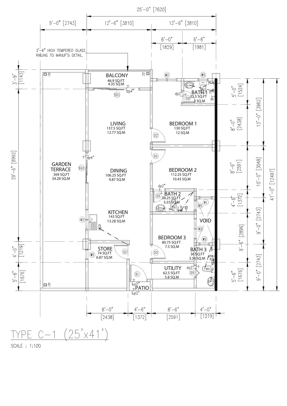 Type C-1 floor plan, Pangsapuri Putra Bercham by Foh Siong Development Sdn Bhd, Bandar Baru Putra, Bercham, Ipoh, Perak