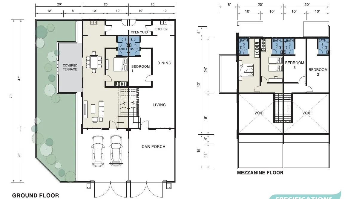 Ground and mezzanine floor plan, 1.5-storey terrace house (Phase 2A version), Pearl Garden Ipoh, 20 x 70 ft lot