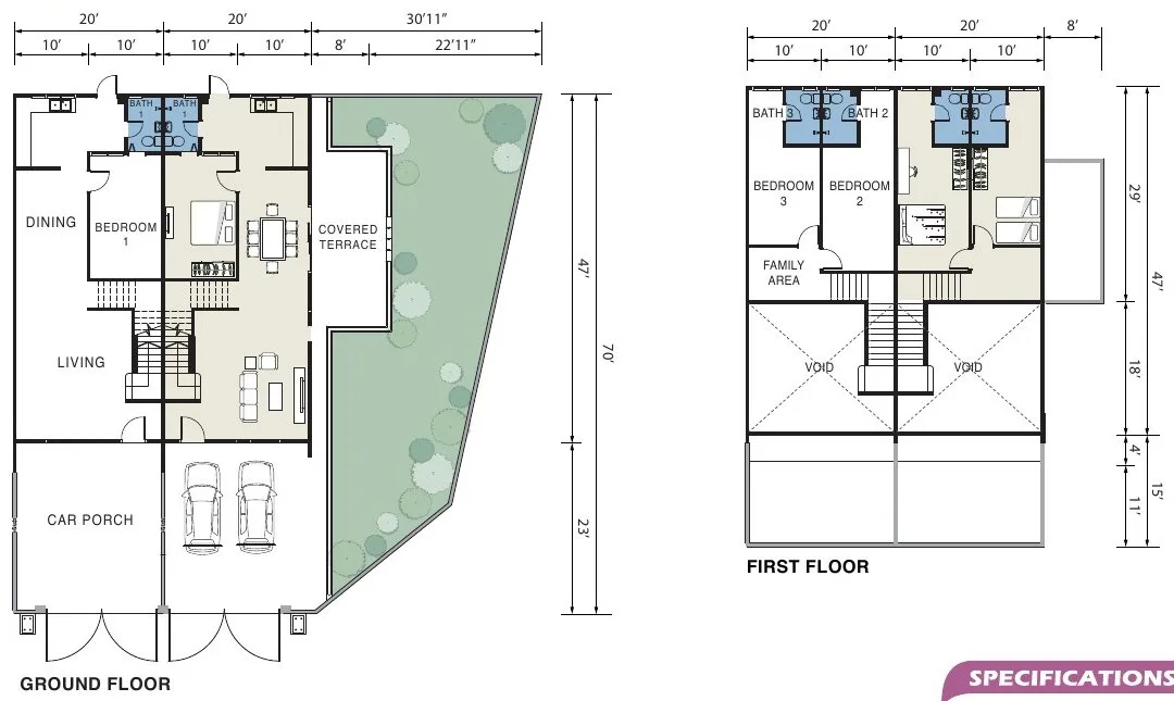 Ground and first floor plan, 1.5-storey terrace house (Phase 2C and Phase 3 version), Pearl Garden Ipoh, 20 x 70 ft lot