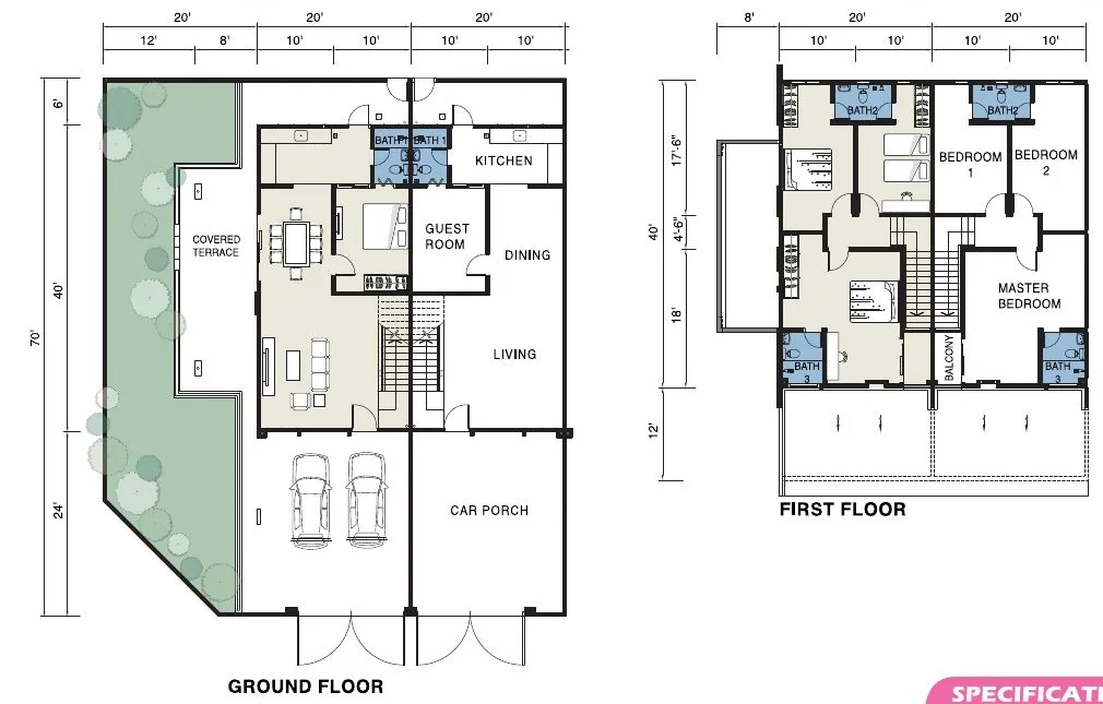 Ground and first floor plan, double-storey terrace house Phase 2B, Pearl Garden Ipoh, 20 x 70 ft lot