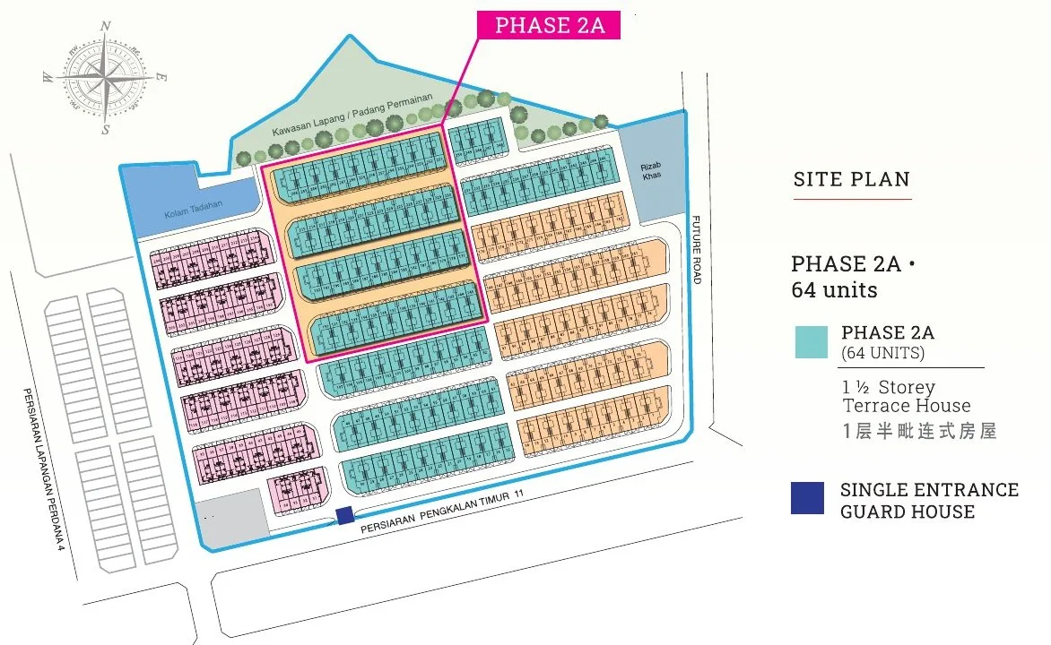 Site plan of Pearl Garden, Panorama Lapangan Mutiara, Ipoh, showing single guarded entrance, open space and detention pond
