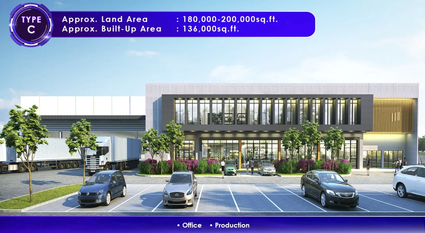 Penang Technology Park @ Bertam 建后出租厂房 C 型效果图,附发展商标示的土地与建筑面积,槟城柏淡