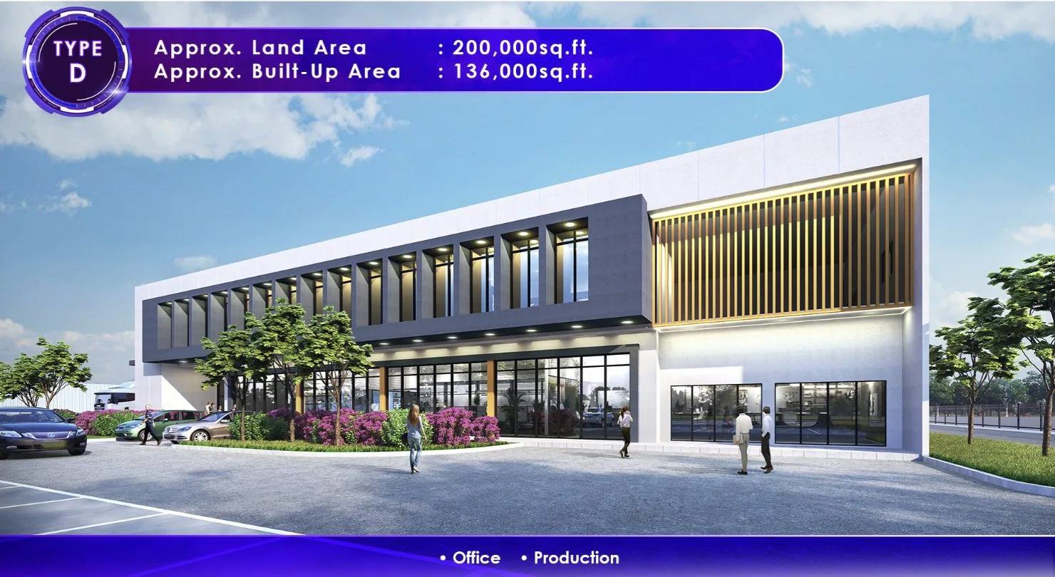 Penang Technology Park @ Bertam 建后出租厂房 D 型效果图,附发展商标示的土地与建筑面积,槟城柏淡