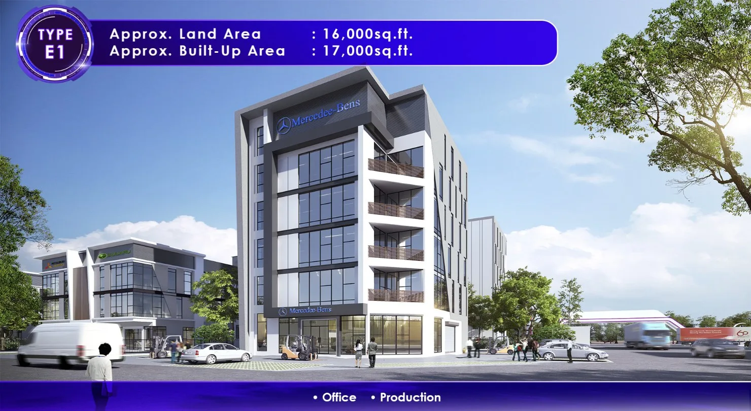 Penang Technology Park @ Bertam 建后出租厂房 E1 型效果图,附发展商标示的土地与建筑面积,槟城柏淡