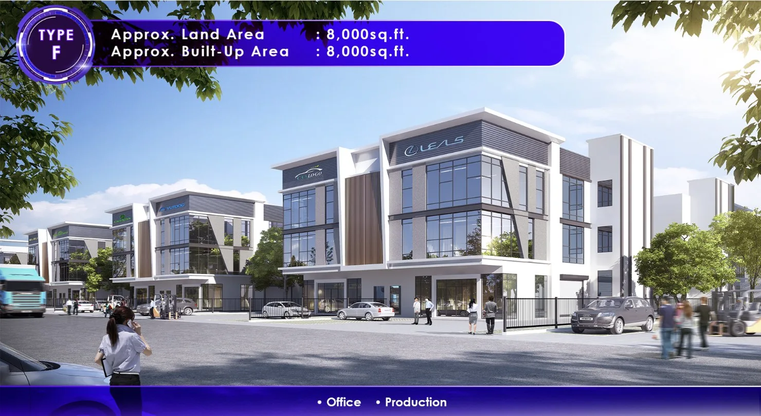 Penang Technology Park @ Bertam 建后出租厂房 F 型效果图,附发展商标示的土地与建筑面积,槟城柏淡
