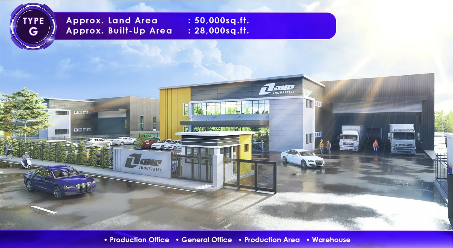 Penang Technology Park @ Bertam 建后出租厂房 G 型效果图,附发展商标示的土地与建筑面积,槟城柏淡