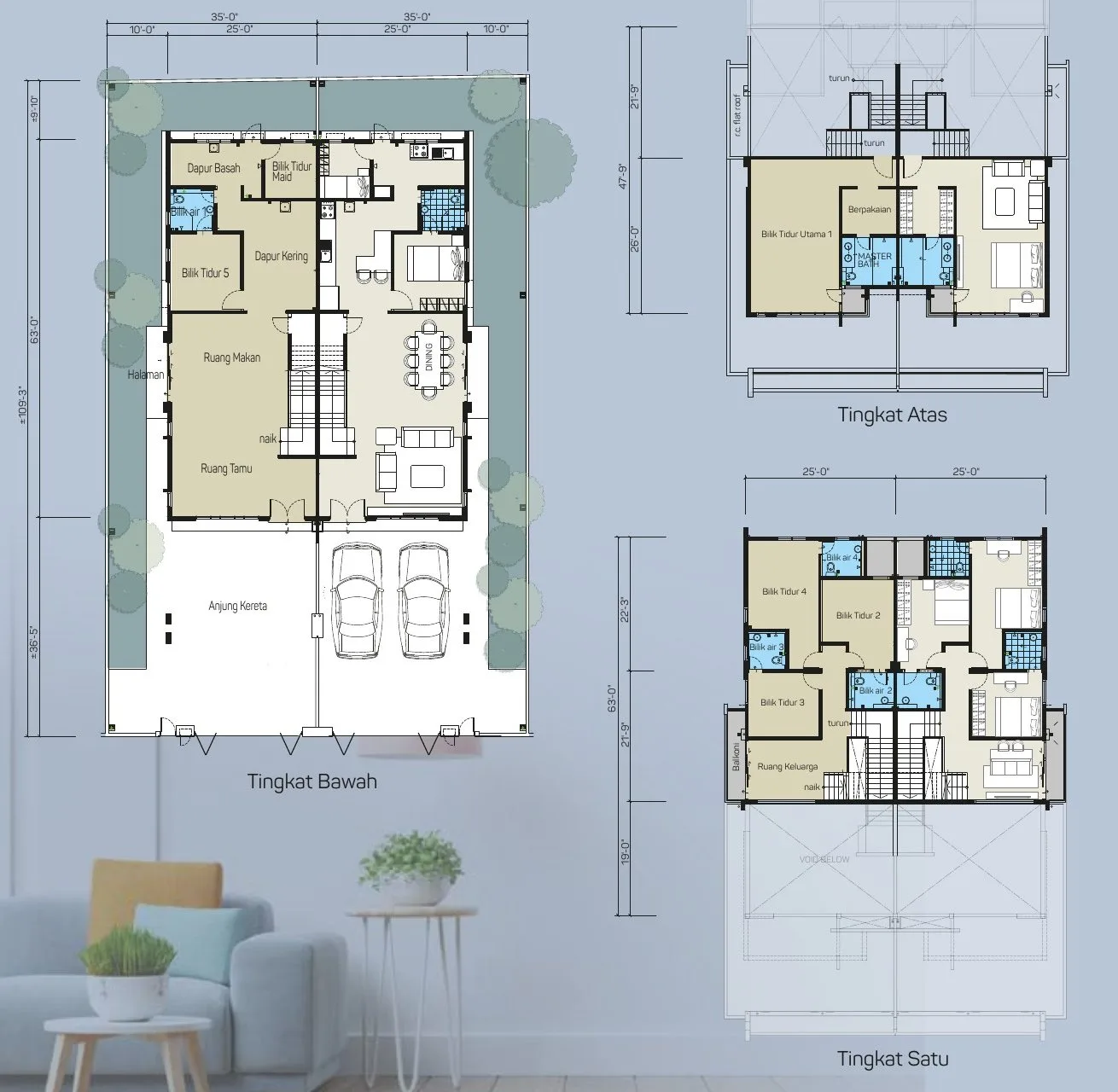 Ground, first and upper floor plans, Type A 2.5-storey semi-detached, 35 x 109/110 ft lot, Pinggiran Pengkalan Bayu, Ipoh