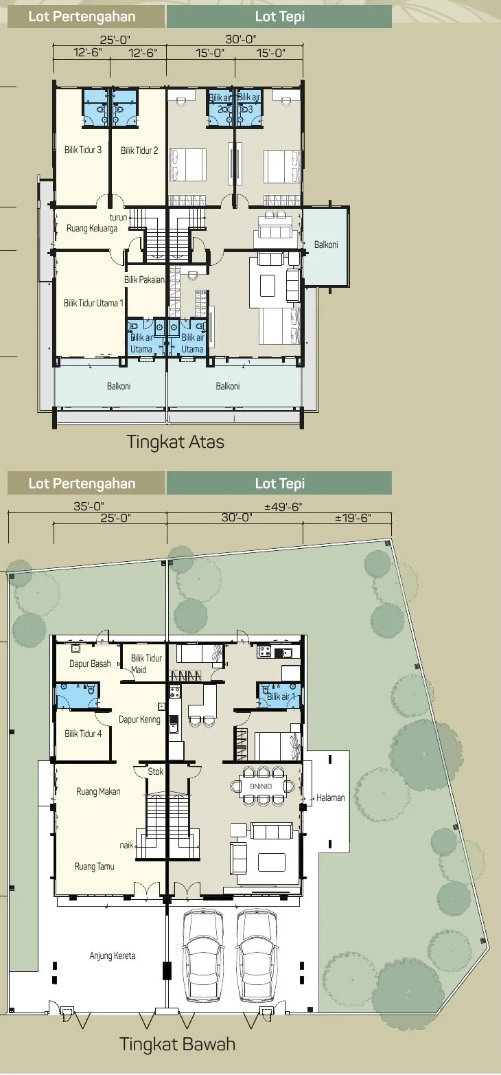 Ground and first floor plans, Type B double-storey semi-detached (intermediate and end lot), Pinggiran Pengkalan Bayu, Ipoh