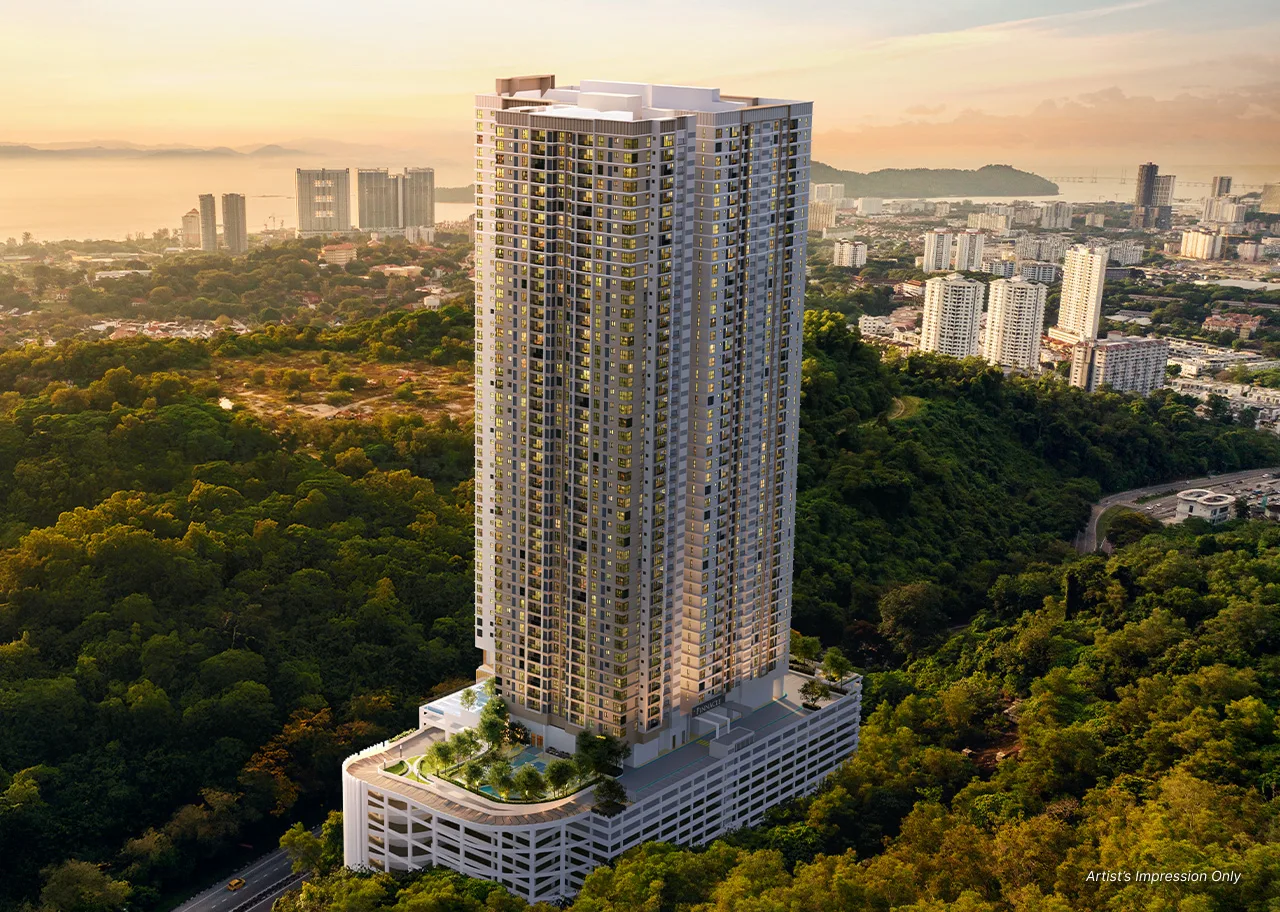 Pinnacle Bukit Gambier 外观效果图，发展商标示为「Seaview」的一面，槟城牛汝莪