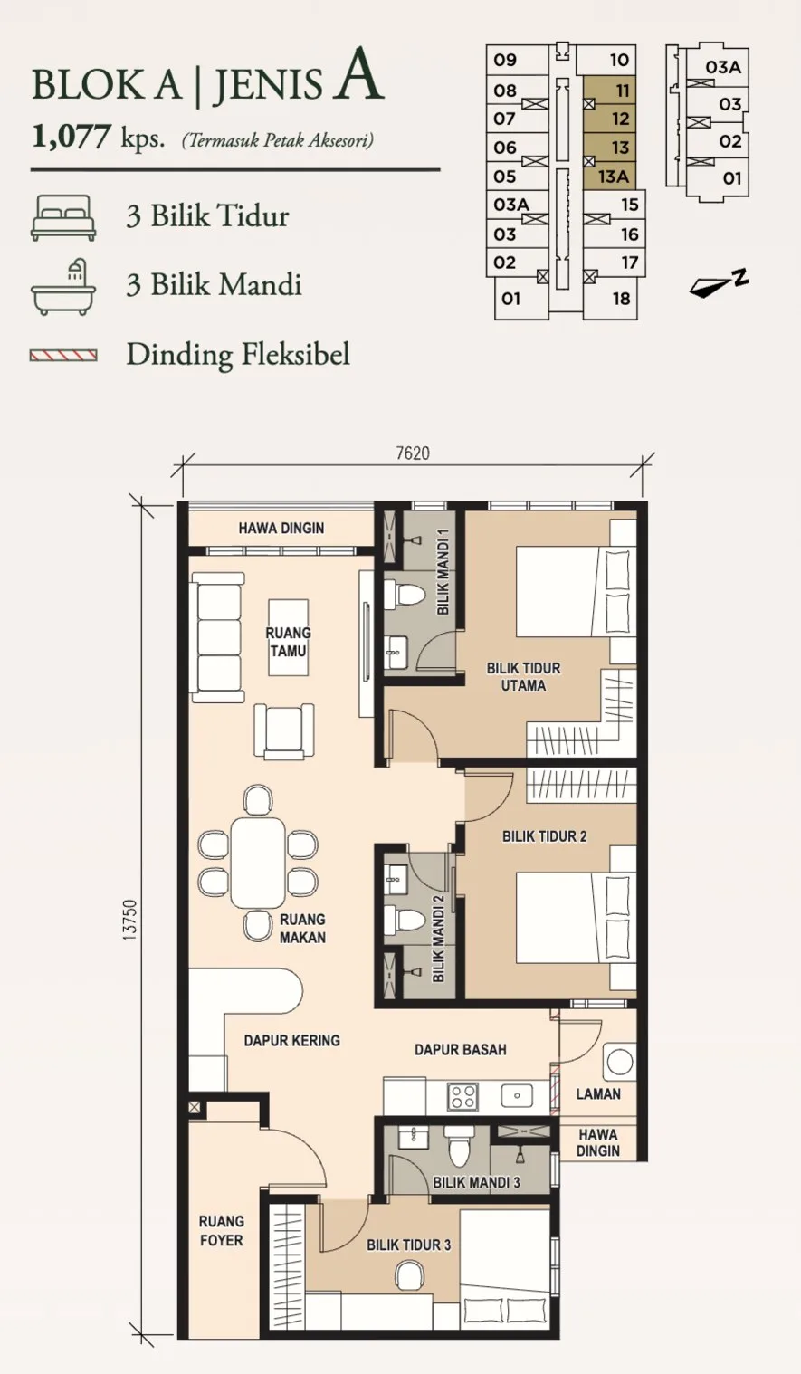 Pinnacle Bukit Gambier A 型户型图——1,077 平方尺，三房三卫，槟城牛汝莪