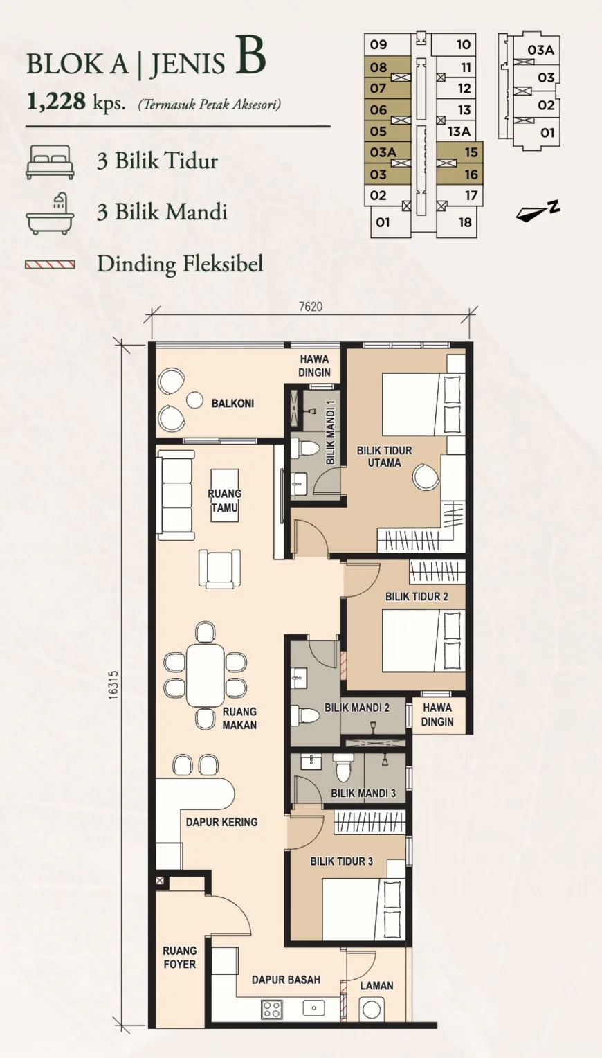 Pinnacle Bukit Gambier B 型户型图——1,228 平方尺，三房三卫，槟城牛汝莪