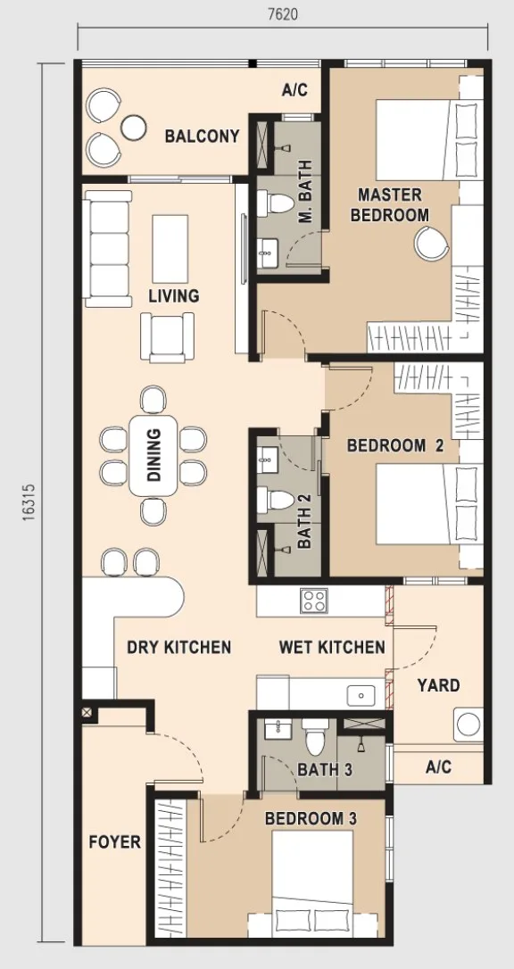 Pinnacle Bukit Gambier C 型户型图——1,282 平方尺，三房三卫，槟城牛汝莪
