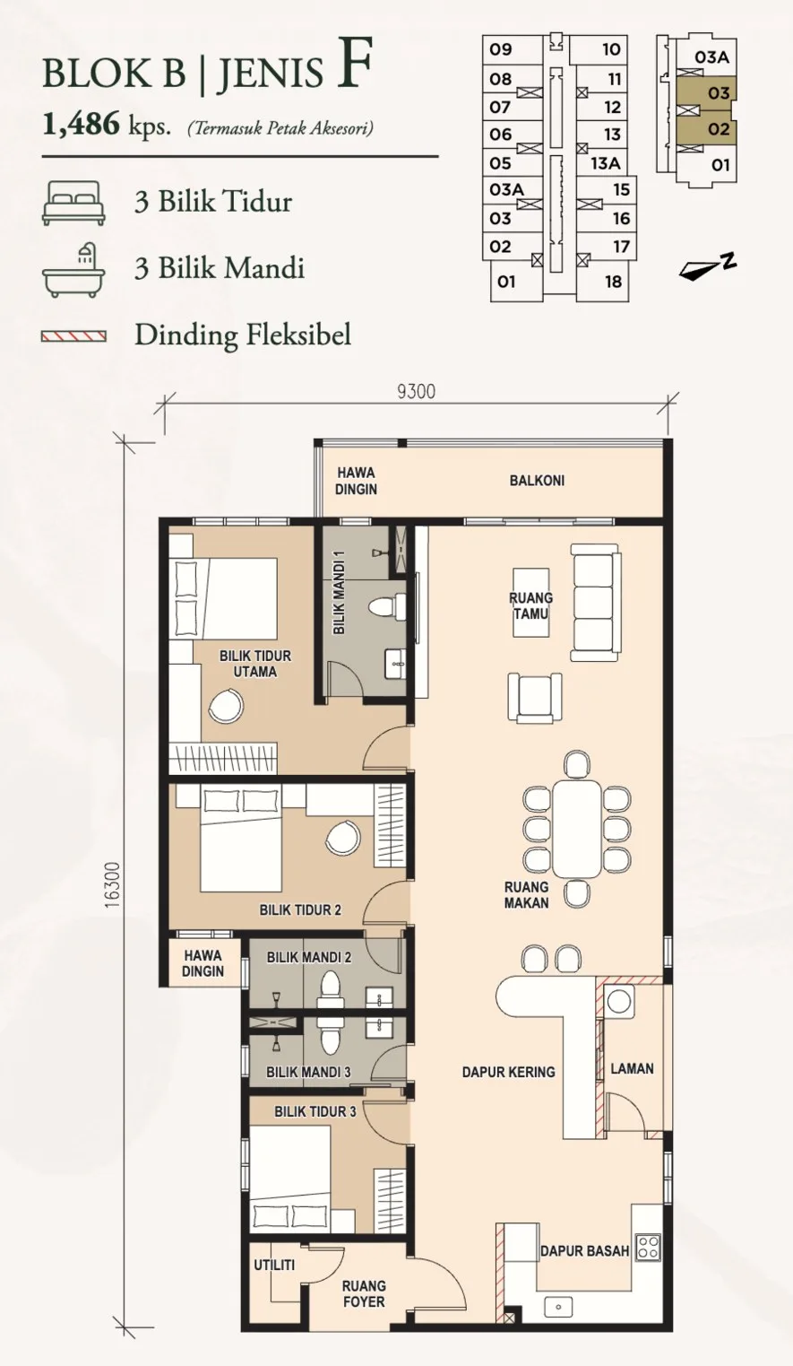 Pinnacle Bukit Gambier F 型户型图——1,486 平方尺，三房三卫，槟城牛汝莪