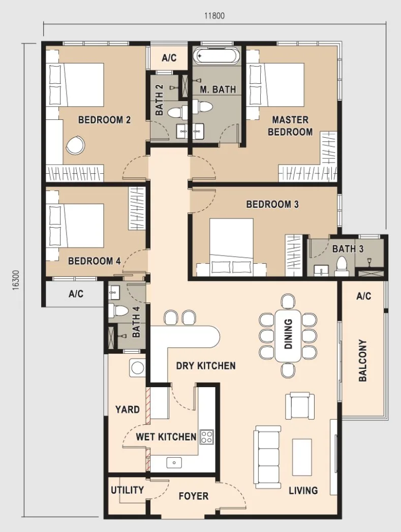 Pinnacle Bukit Gambier G 型户型图——1,734 平方尺，四房四卫，槟城牛汝莪