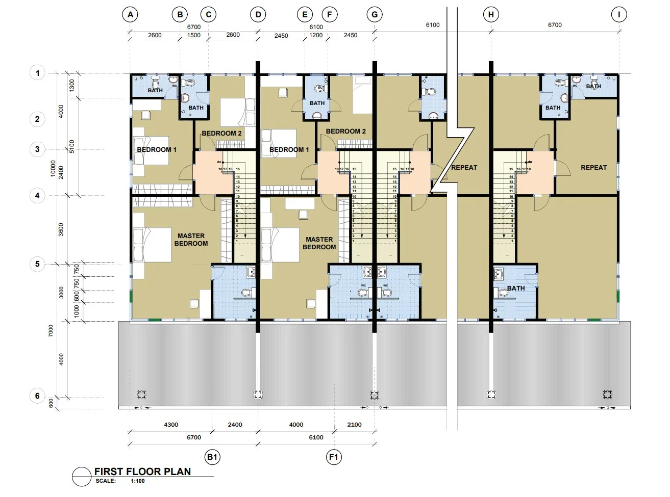 Furnished first-floor plan of a terrace row: master bedroom, two bedrooms and the bathrooms, from the developer’s brochure at Prima Sumundu, Penampang, Sabah